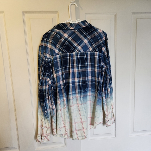 Blue and Pink Plaid Bleach Dip Button Front Shirt - Picture 2 of 4